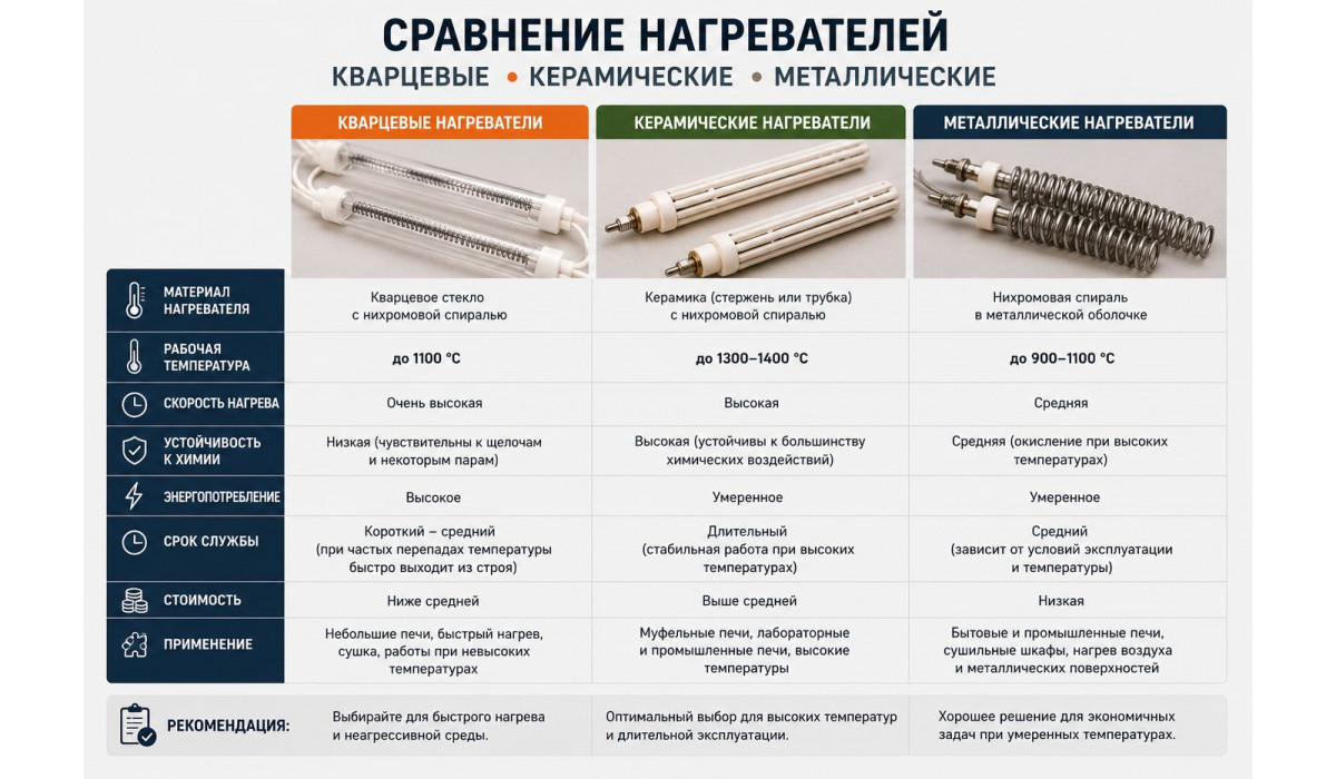 Сравнение кварцевых, керамических и металлических нагревателей Сравнение кварцевых, керамических и металлических нагревателей