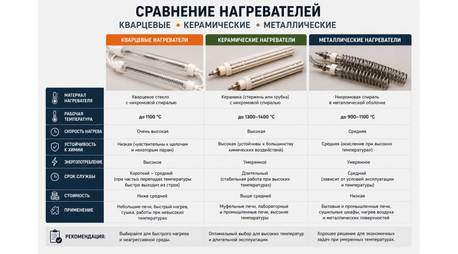 Сравнение кварцевых, керамических и металлических нагревателей Сравнение кварцевых, керамических и металлических нагревателей